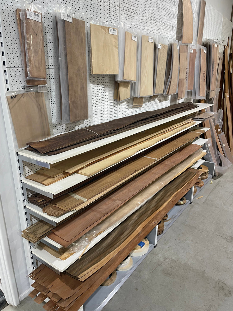 Instore display of various timber veneers used for woodworking